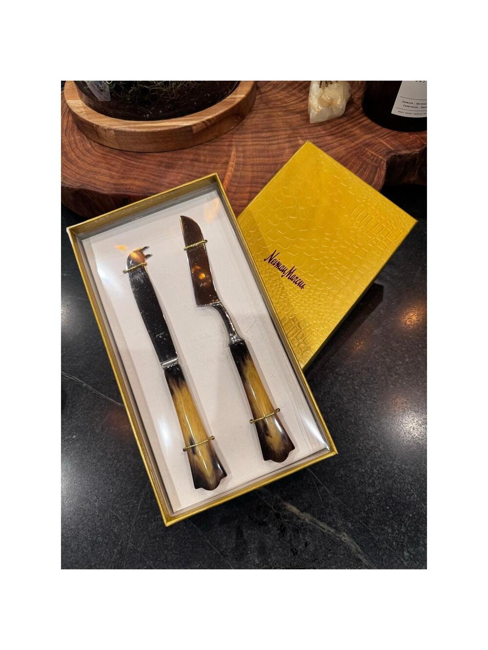 Vtg Neiman Marcus Horn Cheese Knife Set Stainless Cutlery Boxed Charcuterie Gift